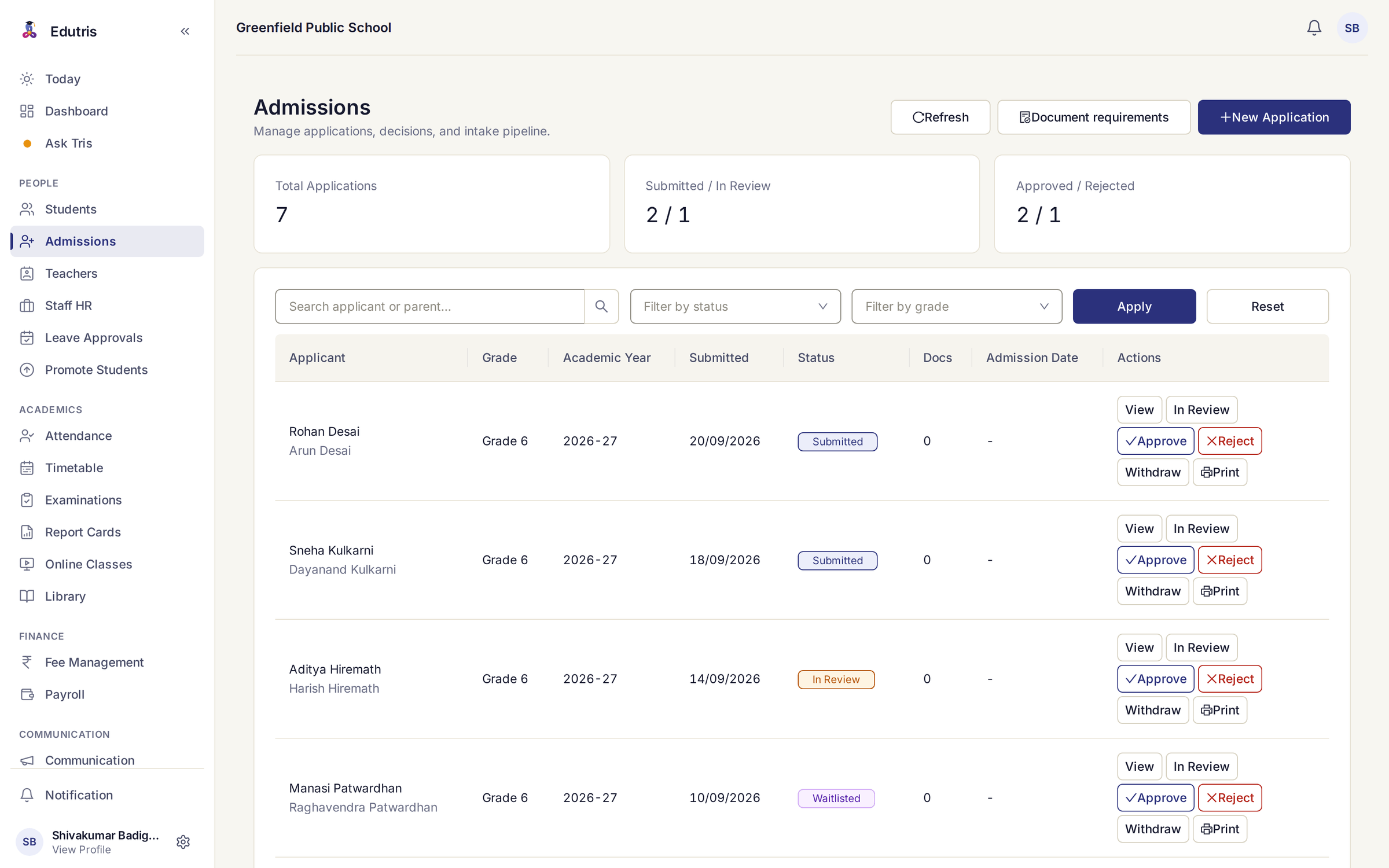 Edutris admissions screen with seven applications, two submitted, one in review, two approved, one rejected and one waitlisted: each row naming the applicant and parent, grade, academic year, submission date and status, with view, review, approve, reject, withdraw and print actions