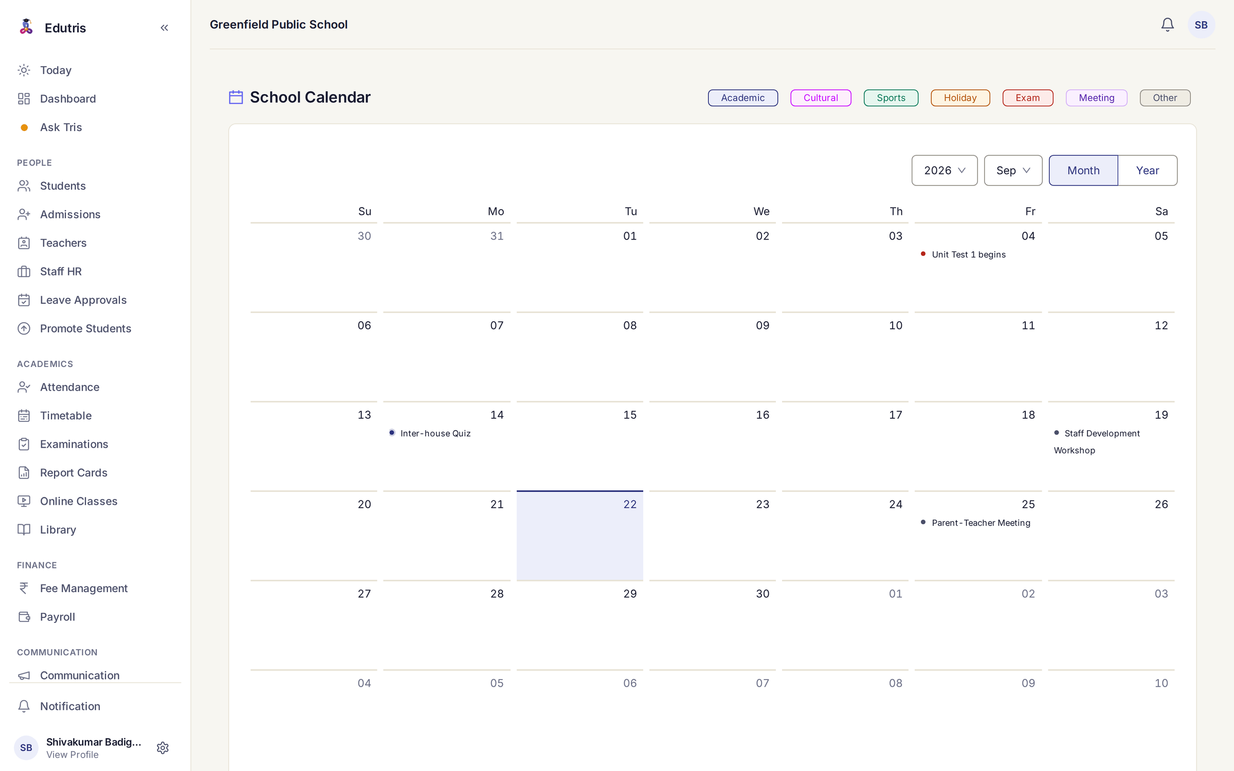 Edutris school calendar for September 2026 in month view, marking the start of Unit Test 1, an inter-house quiz, a staff development workshop and a parent-teacher meeting, with today highlighted
