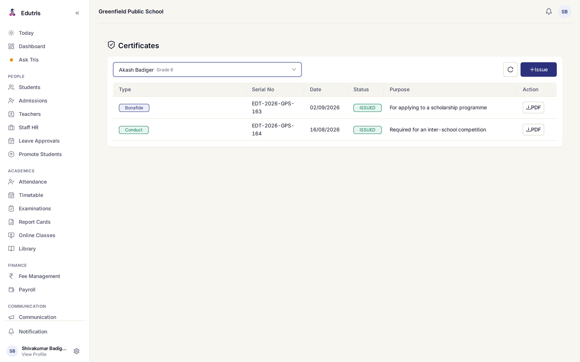 Edutris certificates screen for one student listing a bonafide and a conduct certificate, each with a serial number, issue date, issued status, the stated purpose and a PDF download action