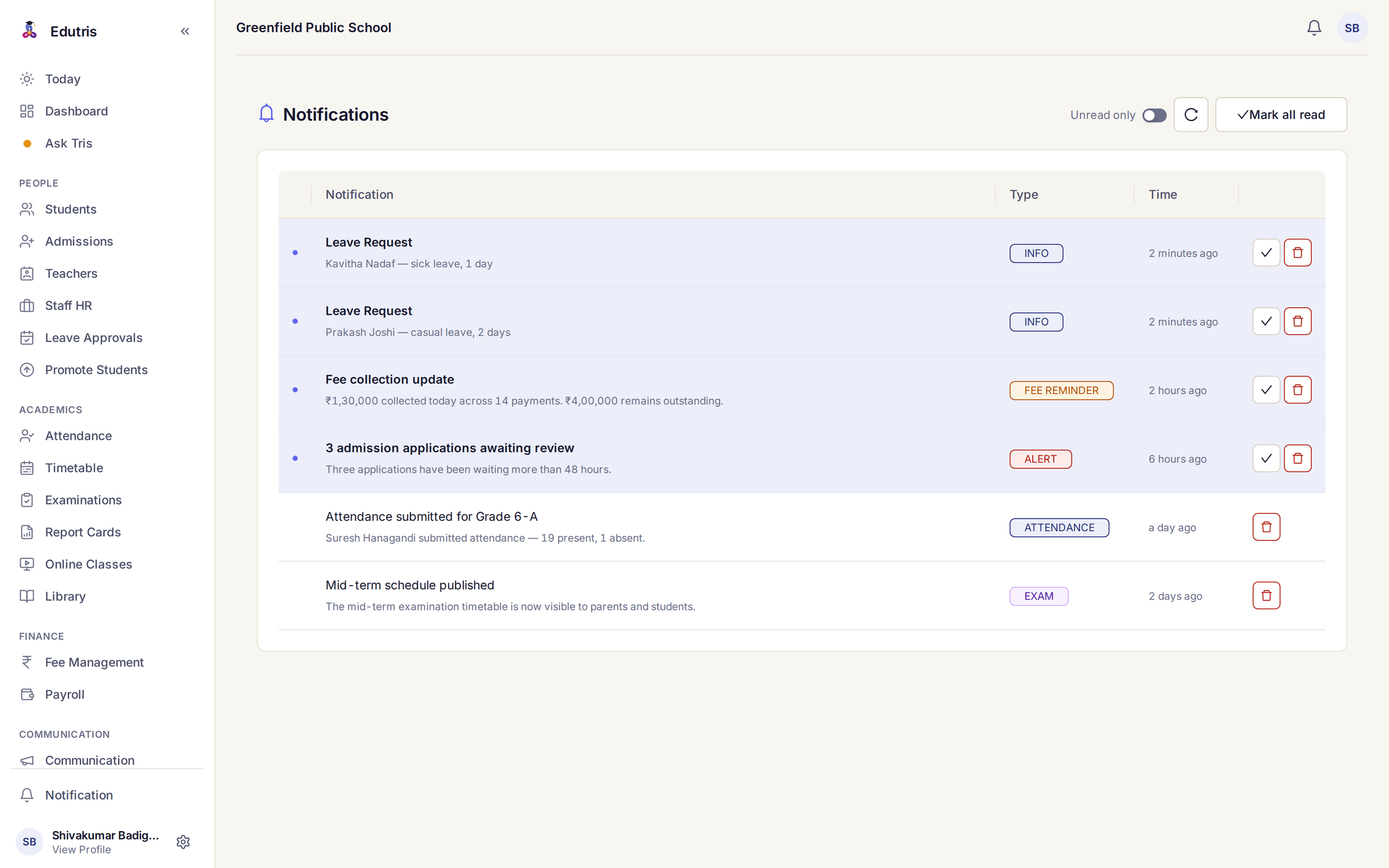 Edutris notifications screen with six notifications, two staff leave requests, a fee collection update, an admissions alert, an attendance submission and a published exam schedule: unread ones highlighted, each with its type and how long ago it arrived