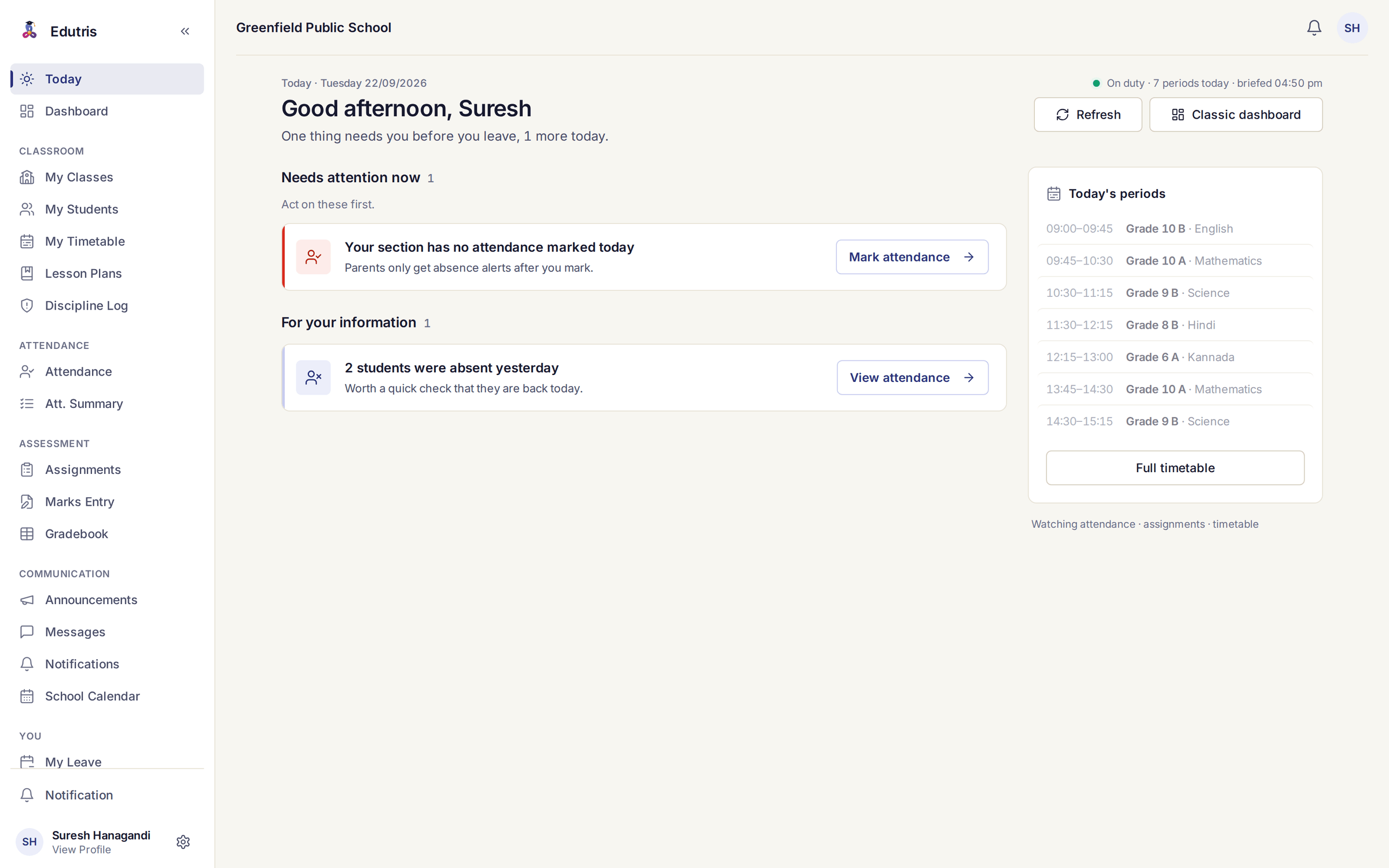 Edutris Today for a class teacher: one item needing attention, their section has no attendance marked today, noting that parents only get absence alerts after marking, and two students absent yesterday, beside the day's seven periods with class, subject and time