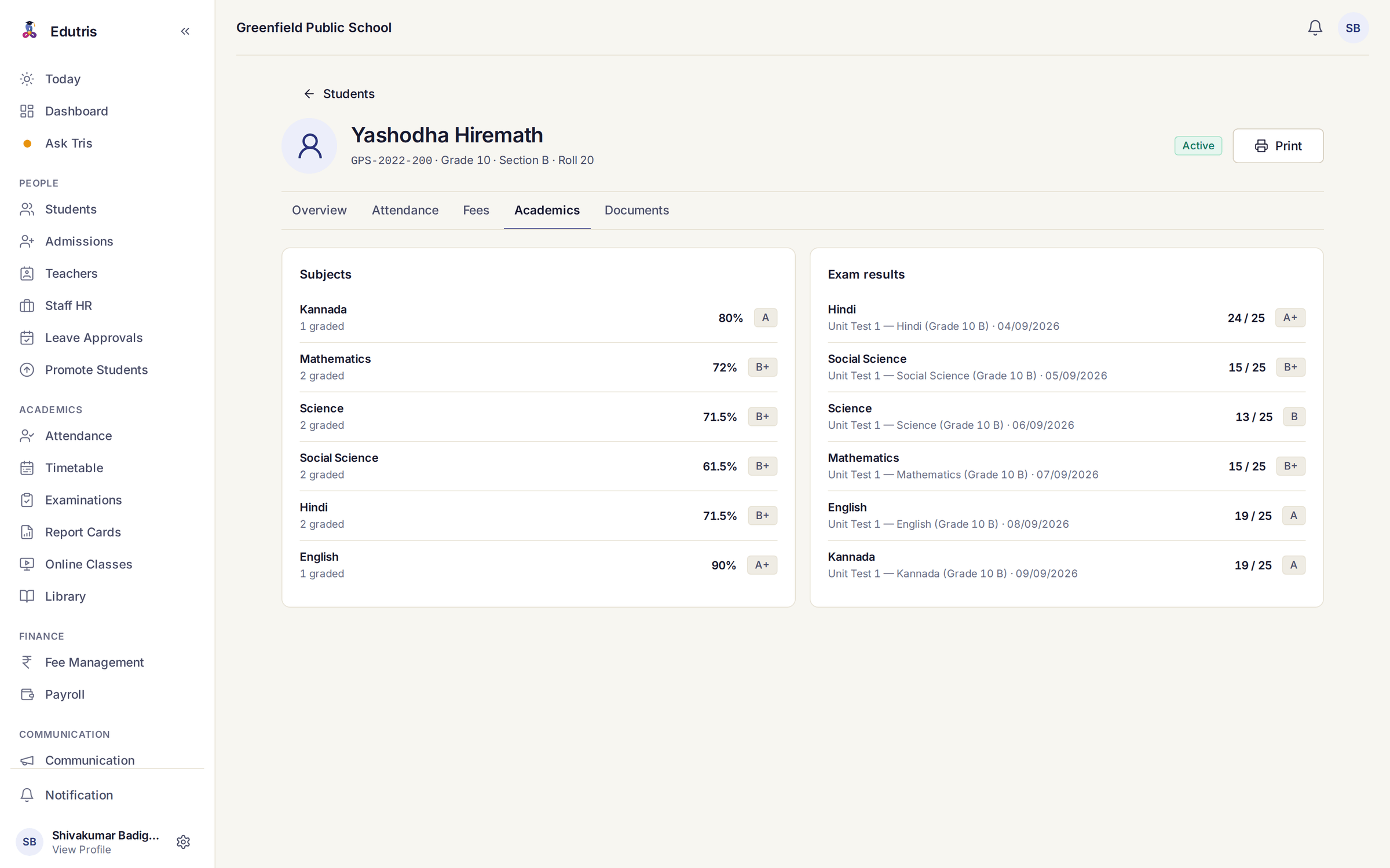 A student record in Edutris open on the Academics tab: six subjects with their graded work and percentages beside unit-test results for Hindi, Social Science, Science, Mathematics, English and Kannada, each showing marks out of 25 and a letter grade