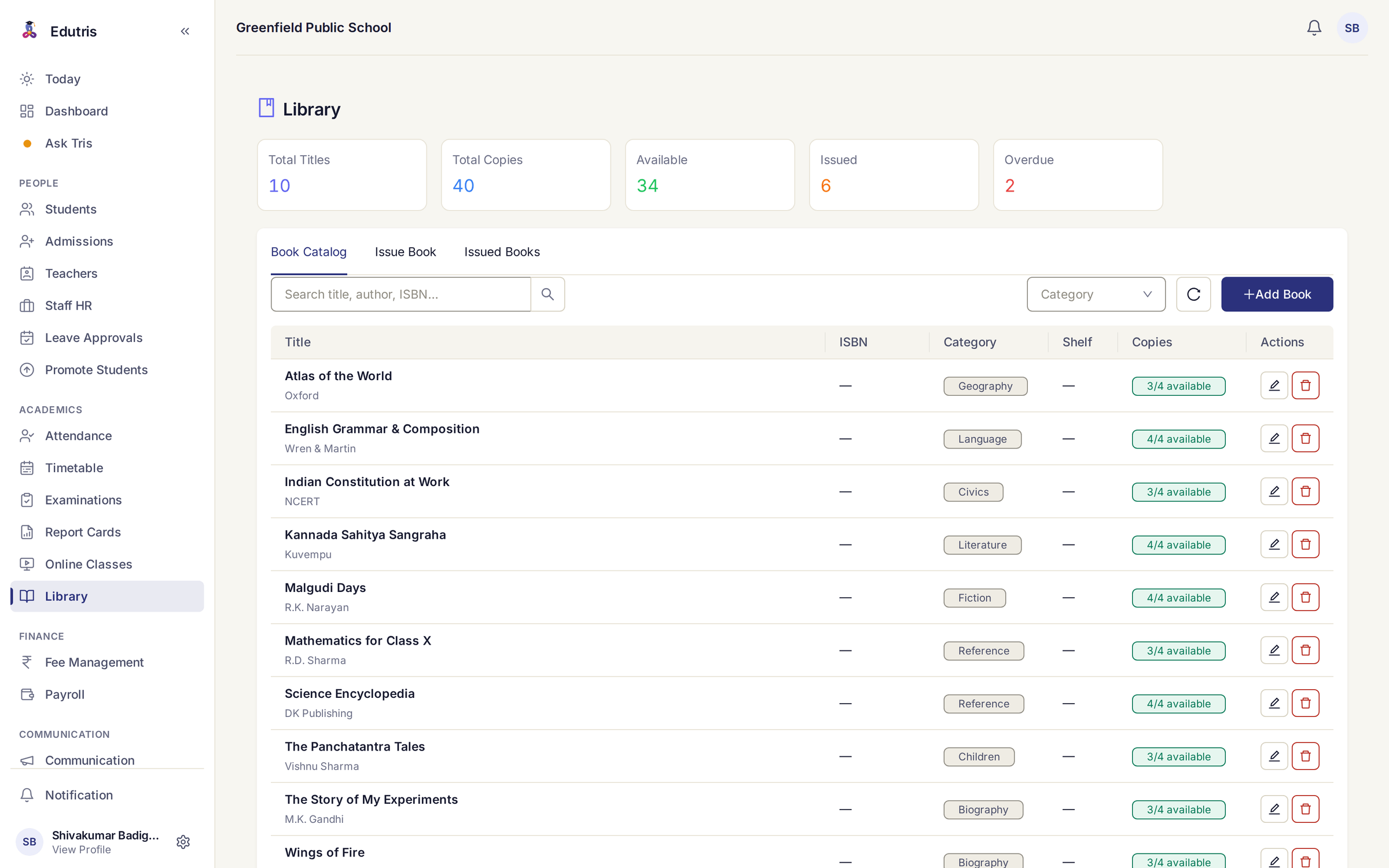 Edutris library screen showing 10 titles, 40 copies, 34 available, 6 issued and 2 overdue, above a book catalogue listing titles, authors, categories and per-title availability