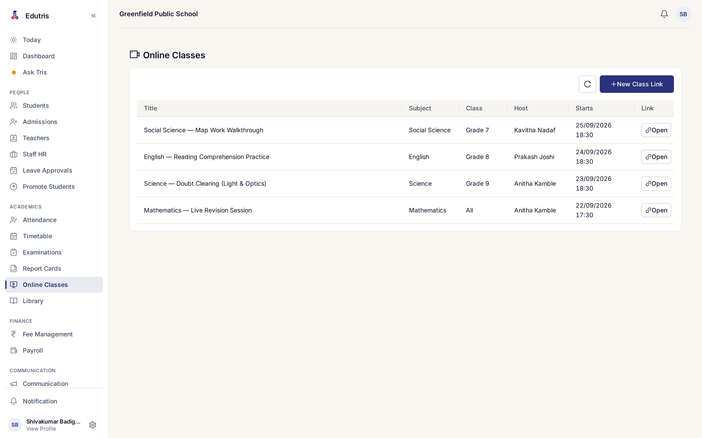 Edutris online classes screen listing four scheduled sessions with subject, class, host teacher, start date and time, and an Open button for each meeting link