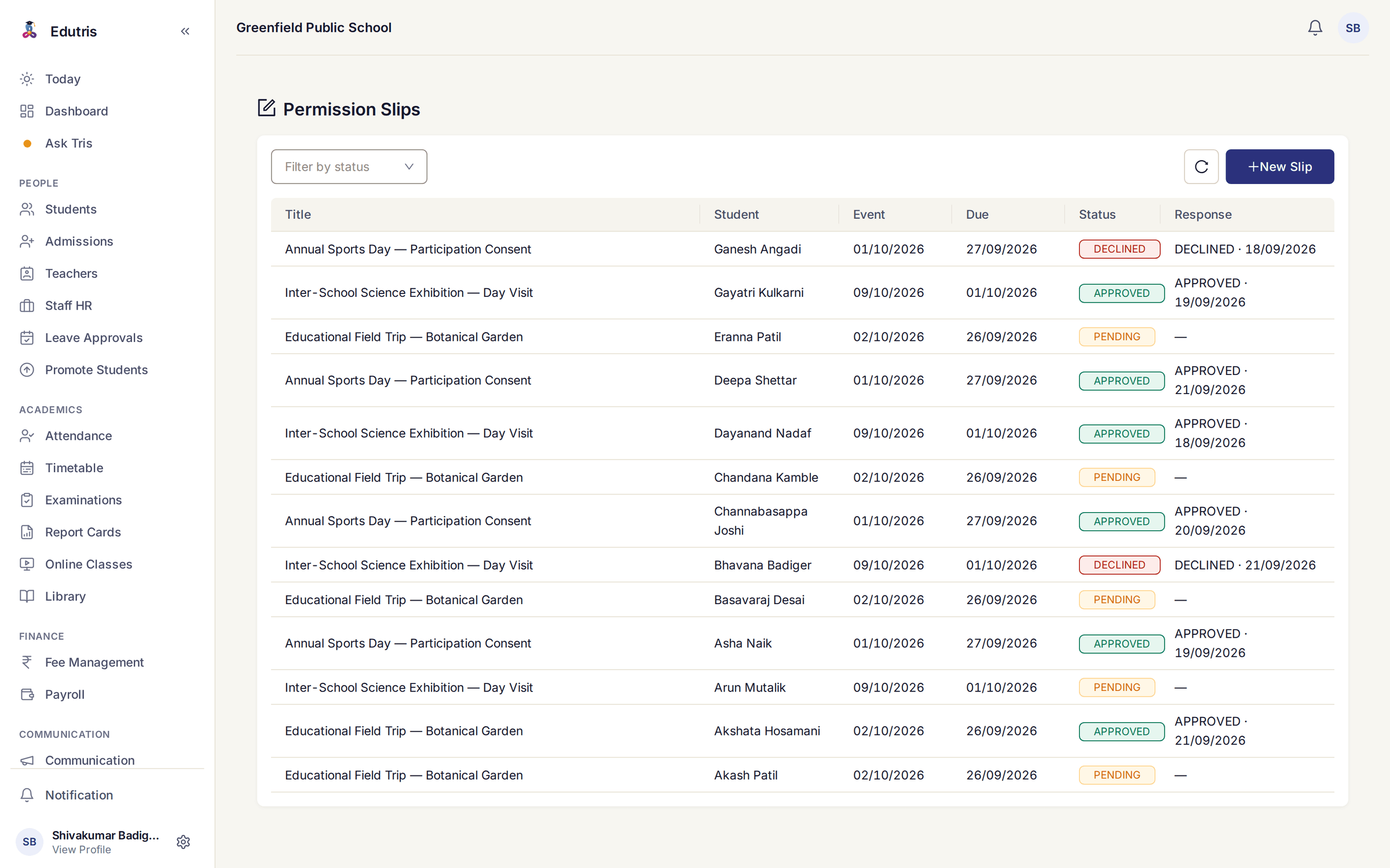 Edutris permission slips screen listing thirteen slips across three school events, each with the student name, event date, due date and a status of approved, pending or declined alongside the date the parent responded