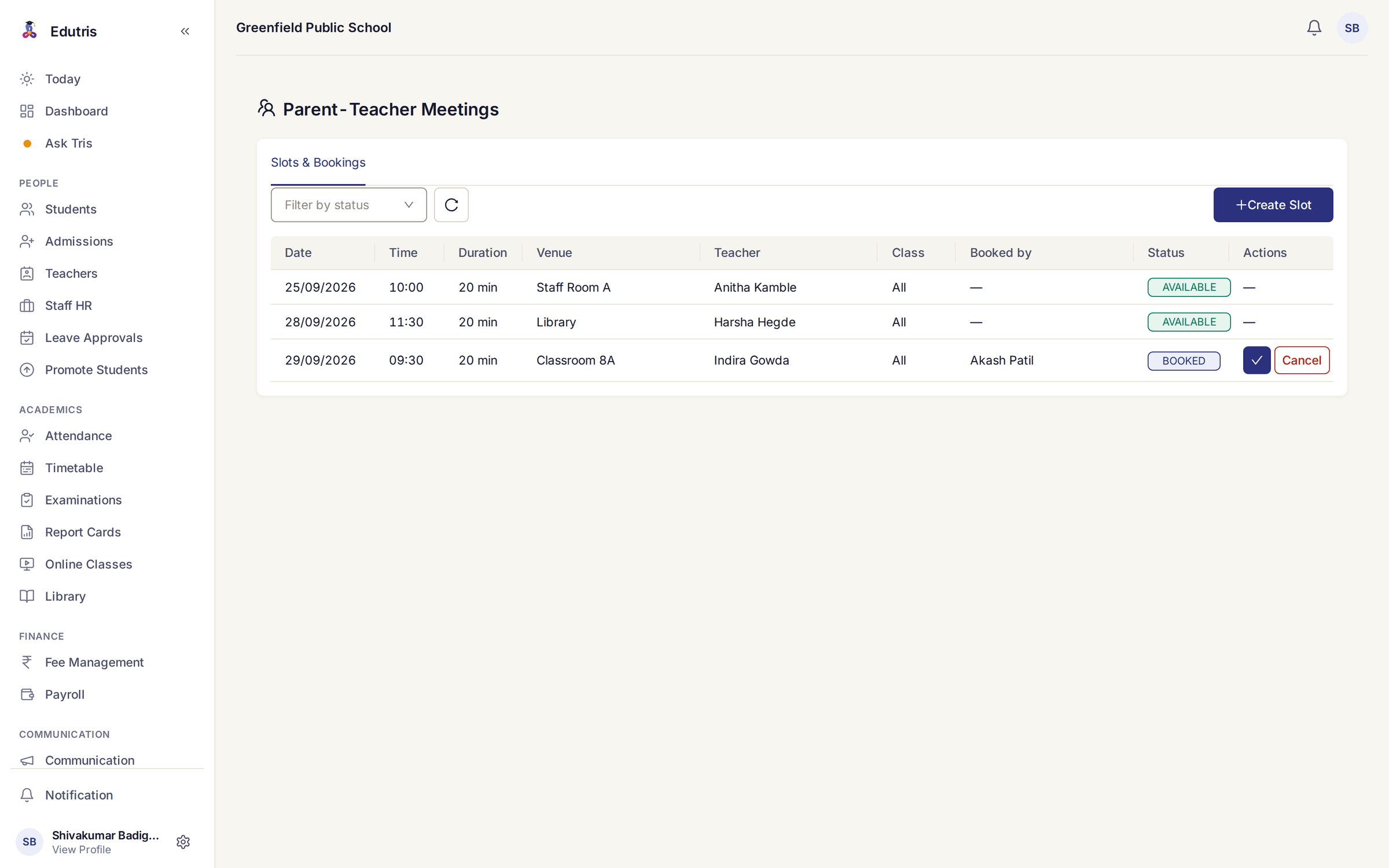 Edutris parent-teacher meeting screen listing meeting slots with date, time, duration, venue, teacher, class and booking status of available or booked