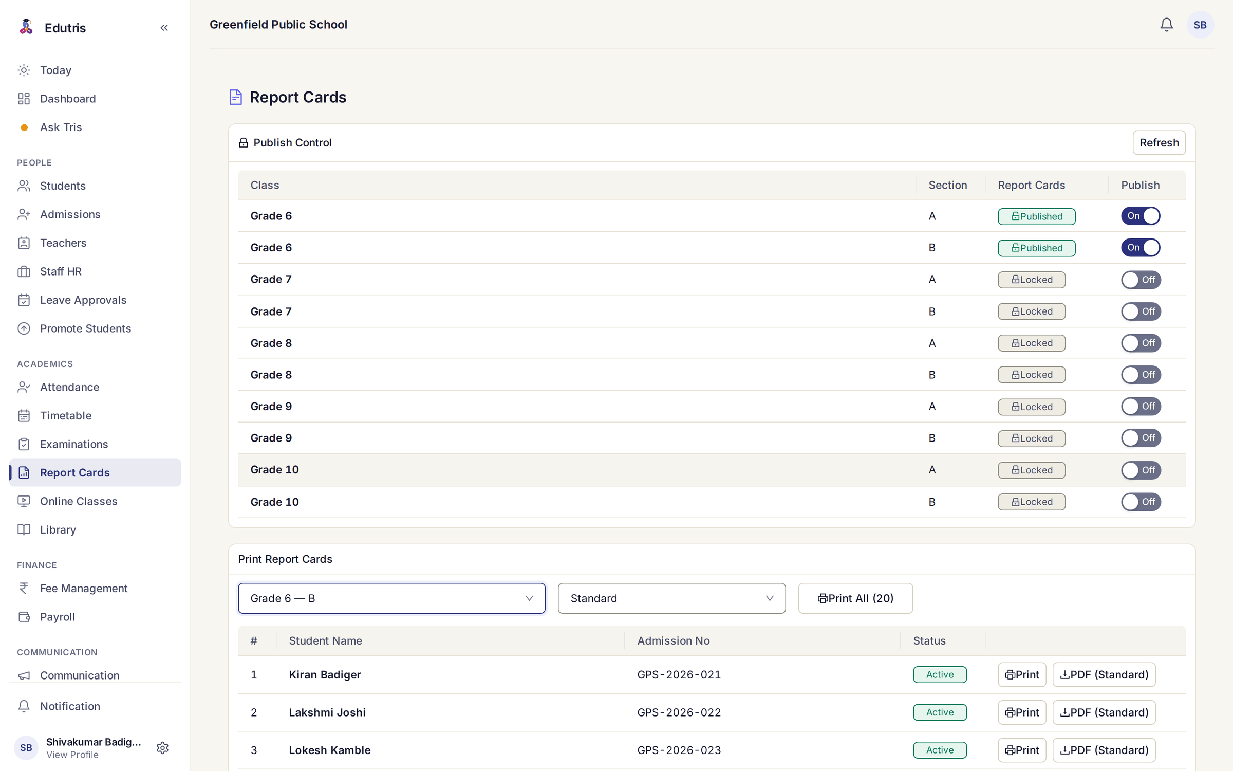 Edutris report card publish control with both Grade 6 sections published and Grades 7 to 10 still locked, above a print panel listing Grade 6 section B's twenty students with print and PDF actions