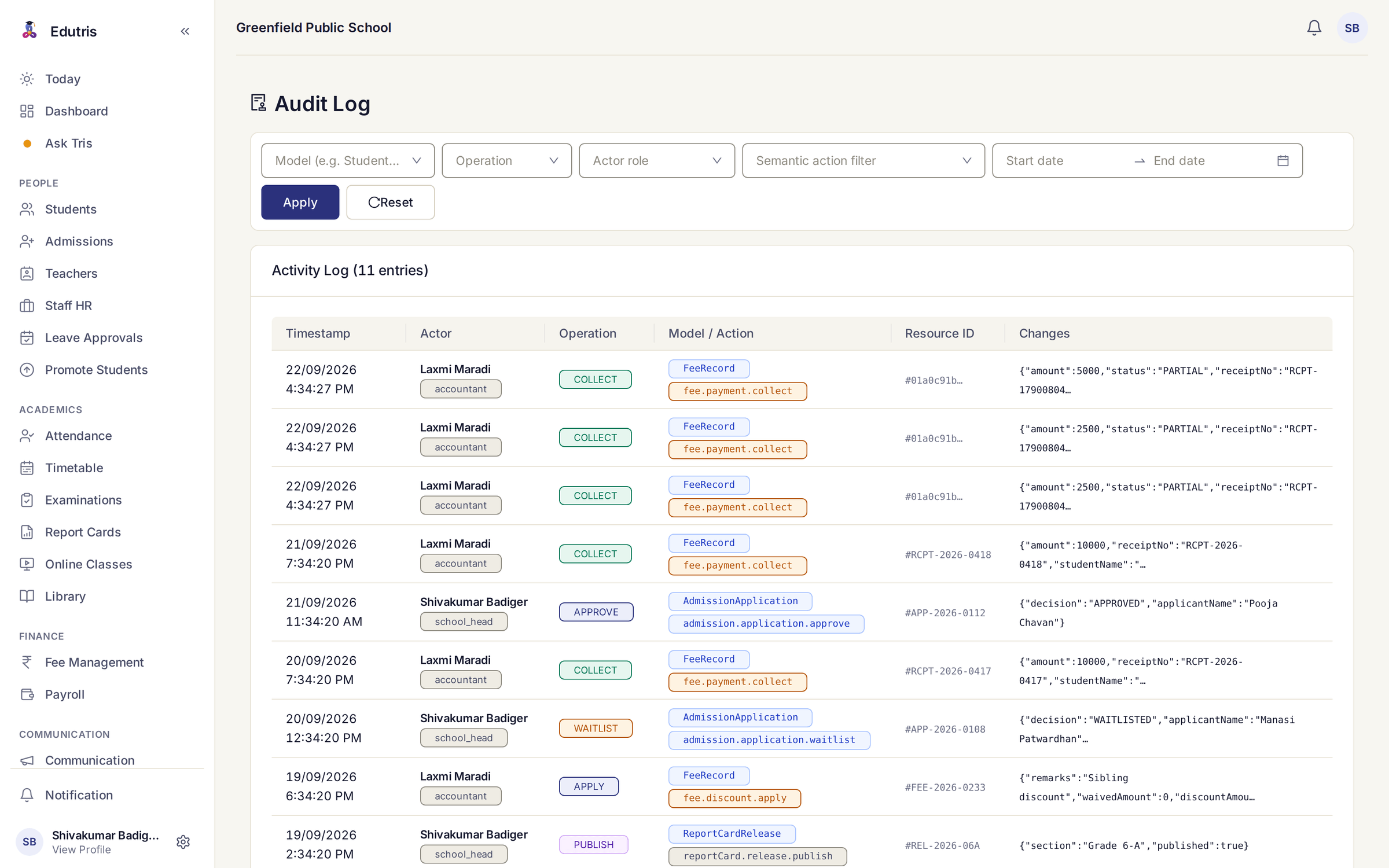 Edutris audit log with eleven recorded actions, each showing when it happened, who did it and in what role, the operation: collect, approve, waitlist, apply or publish, the record and action it touched, and the change recorded