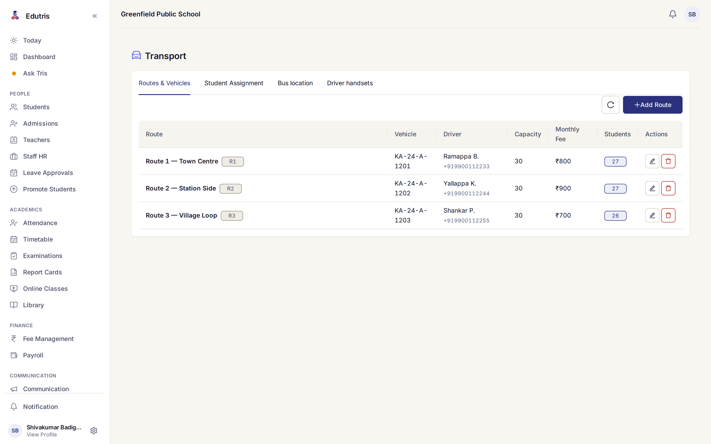 Edutris transport screen listing three bus routes with vehicle registration, driver name and contact, capacity, monthly fee and assigned student count
